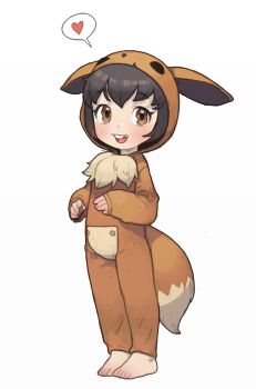 1girl animal_costume animal_ears animal_hood barefoot blush brown_eyes brown_hair child cosplay eevee eevee_(cosplay) eevee_ears eevee_tail feet female_focus full_body gen_1_pokemon heart highres hood hood_up hoodie kigurumi legs looking_at_viewer nintendo open_mouth poke_kid_(pokemon) pokemon pokemon_swsh possummachine short_hair simple_background smile solo spoken_heart tail teeth toenails toes tongue tooth_gap upper_teeth_only white_background