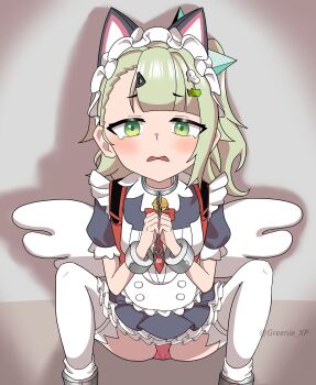 Rule 34 | 1girl, absurdres, bdsm, bell, blush, bondage, bound, chain, chained, commentary, crying, cuffs, english commentary, green eyes, green hair, handcuffs, highres, looking at viewer, maid, neck bell, panties, pantyshot, pink panties, sunna (afternoon tea break) (zenless zone zero), sunna (zenless zone zero), thighhighs, underwear, white thighhighs, zenless zone zero