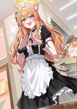 1girl absurdres animal_ear_fluff animal_ears apron blue_archive blush cat_ears flower hair_between_eyes hair_flower hair_ornament halo heart heart_hands highres long_hair looking_at_viewer maid maid_headdress mari_(blue_archive) muo_(muojjang_0929) open_mouth orange_hair solo waist_apron wrist_cuffs yellow_halo