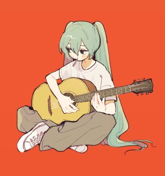 1girl acoustic_guitar aqua_hair blush full_body gohanysu grey_pants guitar hair_between_eyes hatsune_miku highres holding holding_guitar holding_instrument indian_style instrument lollipop_in_mouth long_hair music orange_background pants playing_guitar playing_instrument shirt shoes sitting sneakers t-shirt twintails vocaloid white_shirt white_shoes
