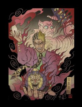 Rule 34 | 1boy, 1other, animal ears, black border, black gloves, black hair, black necktie, blonde hair, blue eyes, border, cat ears, chien chih kang, collared shirt, colored skin, commentary, diamond wa kudakenai, english commentary, evil grin, evil smile, fire, formal clothes, fusion, gloves, green shirt, grin, highres, holding, holding hands, jacket, jojo no kimyou na bouken, kawajiri kosaku, killer queen, kira yoshikage, long sleeves, looking at viewer, male focus, military vehicle, motor vehicle, multicolored hair, necktie, pink skin, purple jacket, sheer heart attack, shirt, short hair, slit pupils, smile, smoke, stand (jojo), striped hair, suit, tank, teeth, translation request, two-tone hair, upper body, white hair