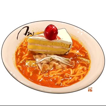 bowl cake cake_slice commentary english_commentary food food_focus fruit no_humans noodles original ramen simple_background strawberry strawberry_shortcake studiolg white_background