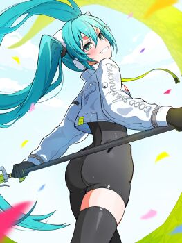 1girl ass asymmetrical_bodysuit black_bodysuit black_boots black_gloves blush bodysuit boots breasts commentary commentary_request cowboy_shot cropped_jacket double-parted_bangs english_commentary english_text feet_out_of_frame flag floating_hair from_below gloves goodsmile_company goodsmile_racing green_eyes green_gloves green_hair grin hair_between_eyes hair_ornament hatsune_miku head_tilt highres hip_bones holding holding_flag jacket long_hair long_sleeves pole race_queen racing_miku racing_miku_(2022) sidelocks single_leg_bodysuit single_thigh_boot smile solo standing teeth thigh_boots twintails twisted_torso two-sided_gloves two-tone_gloves upper_body uzuki_sena very_long_hair vocaloid white_jacket