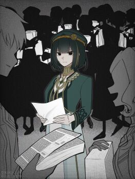 1boy 2girls akademiya_uniform alternate_costume commentary crowd dress empty_eyes expressionless faceless faceless_female faceless_male genshin_impact green_hair green_jacket hashtag-only_commentary highres holding holding_paper jacket long_sleeves multiple_girls muted_color nefer_(genshin_impact) open_clothes open_jacket open_mouth paper utugi_fa watermark white_dress