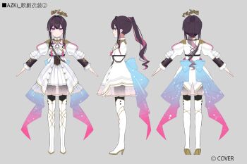 1girl a-pose azki_(departure)_(hololive) azki_(hololive) back_bow bilingual_commentary black_corset boots bow bowtie brown_hair center_frills closed_mouth colored_inner_hair colored_shoe_soles company_name copyright_notice corset crown double-parted_bangs dress floating_crown frilled_shirt_collar frills full_body gold_trim grey_background hair_between_eyes hair_intakes high_heel_boots high_heels high_ponytail holding hololive jacket juliet_sleeves layered_skirt long_hair long_sleeves looking_at_viewer miniskirt mixed-language_commentary mole mole_under_eye multicolored_hair multiple_views muto_(n0sug4r) official_alternate_costume official_alternate_hairstyle official_art pink_hair pleated_skirt ponytail puffy_sleeves purple_eyes reference_sheet second-party_source see-through_skirt_layer shirt sidelocks simple_background skirt straight-on streaked_hair thigh_boots translation_request turnaround virtual_youtuber white_boots white_bow white_bowtie white_dress white_streaks