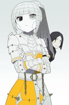 Rule 34 | 1boy, 1girl, :<, albina (project moon), armor, armored dress, asdf1211950, belt, black coat, black eyes, black hair, blunt bangs, breastplate, can't be this cute, chain, closed mouth, coat, colored skin, commentary, crossed arms, derivative work, dress, frown, gauntlets, grid, heterochromia, highres, limbus company, long hair, looking at viewer, medium hair, ore no imouto ga konna ni kawaii wake ga nai, patterned hair, pauldrons, ponytail, project moon, ren (project moon), shoulder armor, sidelocks, simple background, solo focus, symbol-only commentary, white armor, white belt, white eyes, white hair, white skin