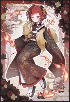 Rule 34 | 1girl, absurdres, ahoge, artist name, black sandals, black sash, blunt bangs, blush, braid, brown kimono, closed mouth, cyano, dated, flower, full body, gradient hair, hair flower, hair ornament, heterochromia, highres, japanese clothes, kimono, long sleeves, looking at viewer, multicolored hair, obi, okobo, original, platform sandals, red eyes, red hair, sandals, sash, short hair, single braid, skull, skull hair ornament, socks, solo, streaked hair, tabi, two-tone hair, watermark, white background, white eyes, white hair, white socks, wide sleeves