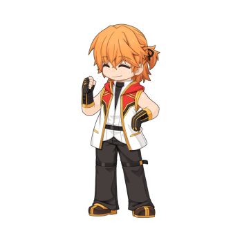 1boy black_gloves black_pants brown_shoes chibi chibi_only closed_eyes closed_mouth fingerless_gloves full_body gloves ivan_wigner male_focus official_art open_clothes open_vest orange_hair pants ragnarok_online shirt shoes short_hair simple_background sleeveless sleeveless_shirt smile solo transparent_background undershirt vest white_shirt white_vest yuichirou