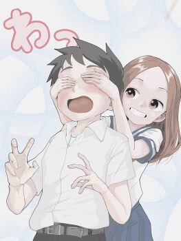 1boy 1girl absurdres belt black_hair black_pants blue_skirt brown_eyes brown_hair child clenched_teeth commentary_request covering_another's_eyes grey_belt grin hatomugi_(user_datj4345) highres karakai_jouzu_no_takagi-san medium_hair nishikata pants pleated_skirt school_uniform serafuku shirt short_hair skirt smile takagi-san teeth white_shirt