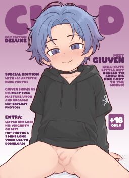 1boy black_choker black_hoodie blue_eyes blue_hair bottomless casytay censored choker closed_mouth collarbone commentary commission cover drawstring english_commentary english_text fake_magazine_cover gradient_background highres hood hood_down hoodie looking_at_viewer magazine_cover male_focus mosaic_censoring naked_hoodie original penis pixiv_commission purple_background short_hair shota sitting small_penis solo testicles