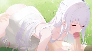 1boy 1girl 69 ahoge ass backlighting bare_shoulders blush breast_press breasts censored closed_eyes clothes_pull collarbone commentary_request copyright_name day doruzou18 dress dress_pull dutch_angle erection fellatio flower_ring furrowed_brow game_cg grass hair_between_eyes hair_over_shoulder hair_spread_out half_updo hand_on_another's_thigh hetero jewelry katanegai long_hair minami_nagi_(katanegai) mosaic_censoring official_art on_grass oral outdoors penis promotional_art public_indecency ring small_breasts solo_focus spread_legs thighs very_long_hair white_dress white_hair