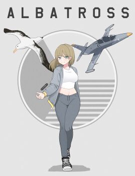 1girl aero_l-39_albatros aircraft airplane albatross artist_name atamonica bird blonde_hair emblem grey_eyes jacket jet looking_at_viewer midriff_peek pants personification simple_background smile standing vehicle_and_personification