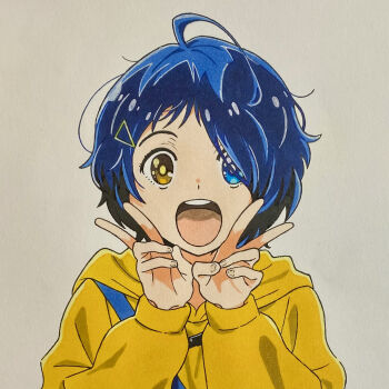 1girl blue_eyes blue_hair child coolie_night_light double_v hair_ornament hairclip heterochromia highres hood hoodie ooto_ai short_hair traditional_media v wonder_egg_priority yellow_eyes yellow_hoodie