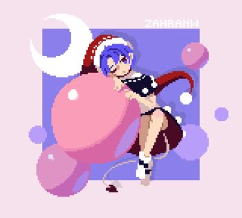 Rule 34 | 1girl, artist name, black capelet, blob, boots, capelet, closed mouth, commentary, crescent, doremy sweet, dream soul, dress, hat, looking at viewer, multicolored dress, nightcap, one eye closed, pixel art, purple eyes, purple hair, red hat, short hair, solo, tail, tapir tail, touhou, white boots, zahranworrell