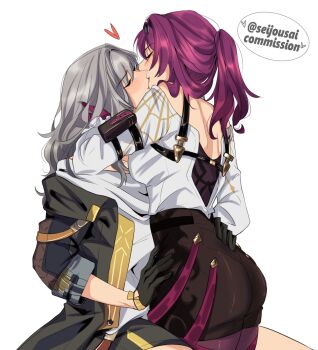2girls between_legs black_gloves black_jacket black_shorts blush closed_eyes commentary french_kiss gloves grey_hair hand_on_another&#039;s_waist heart high-waist_shorts highres honkai:_star_rail honkai_(series) jacket kafka_(honkai:_star_rail) kiss long_hair multiple_girls pantyhose ponytail purple_gloves purple_hair purple_pantyhose seijousai shirt shorts shoulder_blades simple_background stelle_(honkai:_star_rail) trailblazer_(honkai:_star_rail) white_background white_shirt yuri