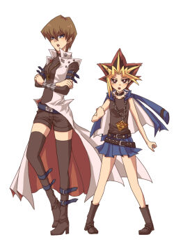 2girls blush boots colored_bangs gender_request genderswap kaiba_seto millennium_puzzle multiple_girls muto_yugi skirt thighhighs uyutan yami_yugi yu-gi-oh! yu-gi-oh!_duel_monsters zettai_ryouiki