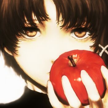 1girl apple brown_eyes brown_hair covered_mouth food fruit hair_ornament highres holding holding_food holding_fruit iwakura_lain looking_at_viewer portrait ranm12s serial_experiments_lain solo straight-on x_hair_ornament
