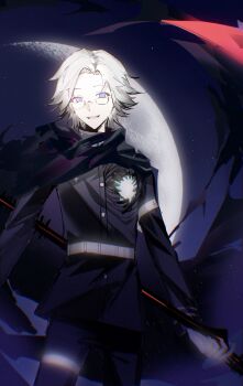 1boy absurdres aotsuki_eito armband belt black_cape black_jacket black_pants blue_eyes buttons cape chinese_commentary commentary_request cowboy_shot gakuran glasses high_collar highres holding holding_scythe hole_in_chest hole_on_body jacket last_defense_academy_school_uniform long_sleeves male_focus moon open_mouth pants procreate_(medium) school_uniform scythe semi-rimless_eyewear short_hair smile solo the_hundred_line_-last_defense_academy- thigh_strap upper_body white_armband white_belt white_hair wujin_de_muxu