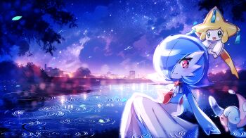 Rule 34 | 1girl, 1other, alternate color, ascot, backlighting, blue eyes, blue skin, blue sky, blush, chisen maimai, city lights, closed mouth, cloud, colored skin, covered eyes, flat chest, floating, full body, gardevoir, gen 3 pokemon, gen 8 pokemon, hair over eyes, happy, hatenna, jirachi, legendary pokemon, libra (symbol), looking at viewer, multicolored skin, mythical pokemon, night, nintendo, open mouth, orange eyes, outdoors, partially submerged, pokemon, pokemon (creature), ripples, shiny pokemon, sitting, sky, smile, star (sky), star (symbol), starry sky, symbol-shaped pupils, two-tone skin, water, white ascot, white skin