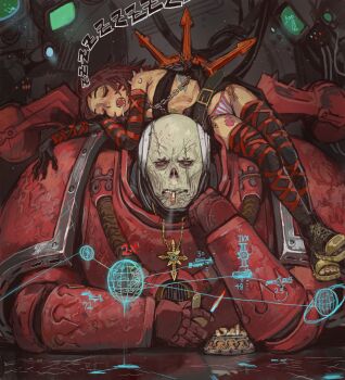 1boy 1girl adeptus_astartes annoyed armor ashtray bald bandeau bare_shoulders belt black_bandeau black_belt black_footwear black_gloves black_skirt black_thighhighs blue_fire breasts cable chain chaos_(warhammer) chaos_space_marine chaos_undivided_(symbol) cigarette cross-laced_footwear cultist-chan dranon drooling elbow_gloves facing_viewer fire gloves hand_on_own_chin head_rest highres holding holding_lighter hologram holographic_interface jewelry khorne_(symbol) lighter medium_hair messy_hair monitor mossacannibalis mouth_drool navel necklace no_nose nostrils nurgle_(symbol) pale_skin panties pink_panties power_armor red_armor red_hair revealing_clothes saliva scar scar_across_eye scar_on_face sharp_teeth shoulder_spikes showgirl_skirt skirt slaanesh_(symbol) sleeping sleeping_on_person small_breasts smoke spikes striped_clothes striped_panties teeth thighhighs toeless_footwear tzeentch_(symbol) underwear vertical-striped_clothes vertical-striped_panties warhammer_40k white_panties zzz