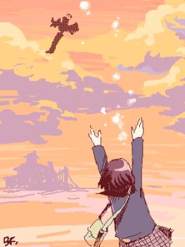 Rule 34 | angel wings, archived source, arms up, bag, bf. (sogogiching), blue sleeves, blue sweater, brown hair, canti, cloud, cloudy sky, collared sweater, dithering, flcl, floating, from behind, gainax, green bag, grey skirt, halo, jaggy lines, light particles, long sleeves, lowres, medium hair, oekaki, open hands, orange sky, orange theme, plaid clothes, plaid skirt, pleated skirt, robot, sailor collar, samejima mamimi, shoulder bag, signature, skirt, sky, sweater, warm colored, wings