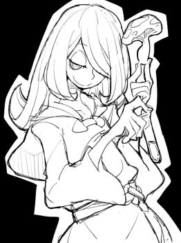 Rule 34 | dowman sayman, hair over one eye, holding, holding mushroom, holding test tube, little witch academia, luna nova school uniform, monochrome, mushroom, ringed eyes, sketch, smile, sucy manbavaran, test tube, witch