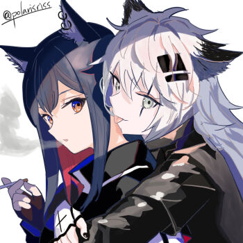 2girls :p animal_ear_piercing animal_ears arknights black_gloves black_hair blue_eyes cigarette colored_inner_hair commentary_request fingerless_gloves gloves grey_eyes grey_hair hair_between_eyes hair_ornament hairclip holding holding_cigarette hug hug_from_behind lappland_(arknights) long_hair looking_at_viewer multicolored_eyes multicolored_hair multiple_girls orange_eyes partial_commentary polarisriss red_hair scar scar_across_eye scar_on_face simple_background smoke smoking texas_(arknights) tongue tongue_out twitter_username two-tone_eyes white_background white_gloves wolf_ears wolf_girl