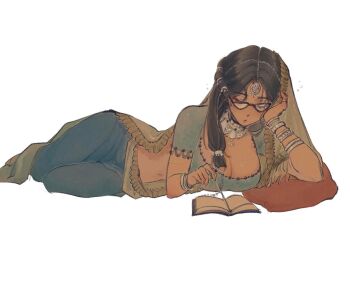 Rule 34 | 1girl, black-framed eyewear, black hair, blue pants, blue shirt, book, bracelet, braid, breasts, cleavage, closed mouth, dark-skinned female, dark skin, elbow rest, facial mark, forehead mark, french braid, full body, glasses, hair ornament, hair over shoulder, hand on own face, hand up, head rest, highres, jewelry, kaalaa baunaa, large breasts, long hair, lying, needtobeleashed, on side, open book, pants, pillow, reading, reverse:1999, shirt, short sleeves, solo, turning page, veil, white background, yellow veil