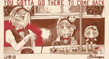 2others :3 androgynous bird board_game booth_seating bow bowtie brown_theme buttons card center_frills chair closed_mouth collared_shirt crane_(animal) cup curtains dice dice_hair_ornament drinking_glass english_text eye_of_senri frills fumo_(doll) hair_ornament hairband highres holding holding_card holding_cup indoors len'en light_blush looking_at_another merry_765 monopoly multiple_others multiple_views on_chair other_focus pagoda playing_card playing_games pointy_nose pout puffy_short_sleeves puffy_sleeves red_bow red_bowtie roulette shirt short_hair short_sleeves sitting smile table traditional_bowtie v-neck vest wrist_cuffs xeno_a