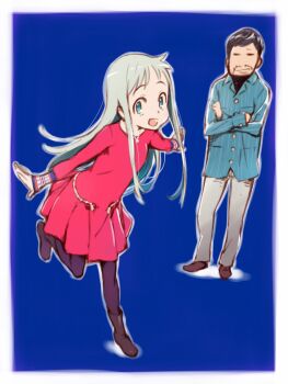 1boy 1girl ano_hi_mita_hana_no_namae_wo_bokutachi_wa_mada_shiranai. artist_self-insert black_hair blue_eyes boots commentary_request cosplay cosplay_request crossed_arms dress full_body grey_hair highres honma_meiko long_hair looking_at_viewer open_mouth pantyhose red_dress smile tanaka_masayoshi