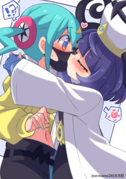 2girls canari_(pokemon) eromame gwynn_(pokemon) highres kiss multiple_girls nintendo pokemon pokemon_legends:_z-a purple_hair yuri