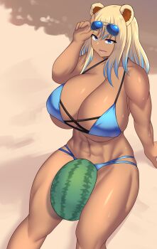 1girl abs absurdres adjusting_eyewear animal_ears between_thighs bikini blonde_hair blue-tinted_eyewear blue_bikini blue_eyes blue_streaks breasts cleavage collarbone commentary crushing_food english_commentary eyewear_on_head feet_out_of_frame food fruit highres huge_breasts jifuwabe multicolored_hair muscular muscular_female open_mouth original sand sitting solo streaked_hair swimsuit tinted_eyewear watermelon watermelon_between_thighs