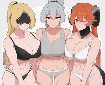 3girls ? bare_arms bare_shoulders black_bra black_horns black_panties blindfold_mask blonde_hair bra breast_press breasts cleavage closed_mouth collarbone commentary covered_eyes curled_horns double-parted_bangs dragon_girl dragon_horns english_commentary glowing_mask green_eyes grey_background grey_hair grey_panties grey_sports_bra hair_between_eyes high_ponytail highres horns large_breasts light_blush linea_alba long_hair looking_at_viewer loving_aura mask mechanical_horns multi-strapped_panties multiple_girls oddsnail orange_eyes orange_hair orange_pupils orphie_magnusson panties parted_bangs pointy_ears ponytail short_hair short_sidelocks sidelocks simple_background smile soldier_11_(zenless_zone_zero) sports_bra stomach sweatdrop tail toned trigger_(zenless_zone_zero) twintails two-tone_background underwear underwear_only white_background white_bra white_panties zenless_zone_zero