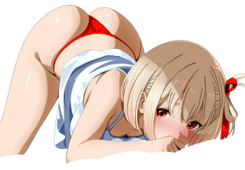 1girl absurdres all_fours ass blonde_hair blush breasts camisole commentary_request hair_ribbon highres looking_at_viewer lycoris_recoil nishikigi_chisato panties red_eyes red_panties red_ribbon ribbon short_hair simple_background solo tetsuado top-down_bottom-up underwear white_background white_camisole