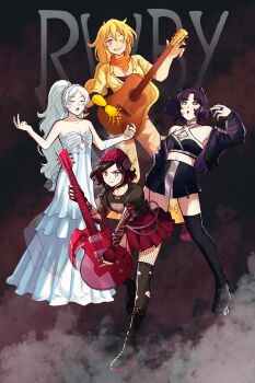 4girls :o absurdres alternate_costume alternate_hairstyle animal_ears bare_shoulders beanie belt black_boots black_hair black_jacket black_shirt black_skirt black_thighhighs blake_belladonna boots braid cat_ears cat_girl chain closed_mouth commentary copyright_name crop_top de_b0o dress earrings electric_guitar english_commentary eyelashes fingerless_gloves fingernails fishnet_pantyhose fishnets gloves grey_eyes guitar hat highres holding holding_guitar holding_instrument instrument jacket jewelry long_hair long_sleeves mechanical_arms midriff multicolored_hair multiple_girls nail_polish off_shoulder official_alternate_hair_length official_alternate_hairstyle one_eye_closed open_clothes open_jacket open_mouth orange_scarf pants pantyhose ponytail prosthesis prosthetic_arm purple_eyes red_gloves red_hair red_hat red_nails red_skirt ring ruby_rose rwby scar scar_across_eye scar_on_face scarf shirt short_hair short_sleeves single_braid single_mechanical_arm skirt smile snowflake_earrings spoilers thighhighs thighhighs_over_pantyhose torn_clothes torn_thighhighs two-tone_hair weiss_schnee white_dress white_hair yang_xiao_long yellow_eyes