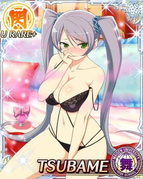 Rule 34 | 1girl, aphrodisiac, aroused, bed, between legs, black bra, black panties, blue scrunchie, blush, border, bra, breast press, breasts, card (medium), character name, cleavage, come hither, drugged, finger in own mouth, game cg, gas, green eyes, grey hair, hair ornament, hair scrunchie, hand between legs, hand on own face, heart-shaped bottle, large breasts, long hair, looking at viewer, love potion, navel, official art, on bed, panties, parted lips, scrunchie, seductive smile, senran kagura, senran kagura new wave, sitting, smile, solo, swept bangs, third-party source, tsubame (senran kagura), twintails, underwear, very long hair