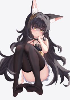 1girl 2994174200 :3 absurdres animal_ears arm_behind_back ass azur_lane bare_shoulders black_hair blush breasts curly_hair dress fox_ears fox_girl full_body hair_ornament hand_on_own_cheek hand_on_own_face hand_up highres knees_to_chest knees_up legs_together long_hair nagato_(azur_lane) nagato_(meta)_(azur_lane) nipple_slip nipples no_bra shaded_face simple_background sitting sleeveless sleeveless_dress small_breasts solo thighhighs thighs very_long_hair white_background yellow_eyes