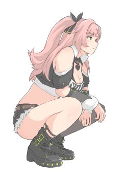 Rule 34 | 1girl, belt, black boots, black shorts, boots, breasts, brown belt, cleavage, commentary request, crop top, cutoffs, from side, full body, highres, large breasts, light smile, midriff, mole, mole on breast, nicole demara, noe aoikaba, pink hair, short shorts, shorts, single thighhigh, solo, squatting, thighhighs, two side up, yellow eyes, zenless zone zero