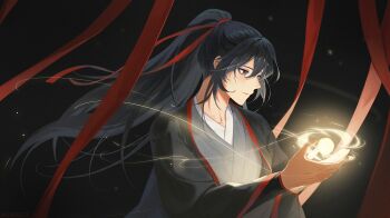 Rule 34 | 1boy, 8083 blue, aura, bishounen, black background, black eyes, black hair, black hanfu, chinese clothes, closed mouth, commentary request, floating, floating hair, floating object, grey eyes, hair between eyes, hair ribbon, hanfu, holding, light particles, long hair, long sleeves, looking at object, male focus, modao zushi, orb, ponytail, red ribbon, ribbon, robe, sidelocks, solo, upper body, wei wuxian, wide sleeves