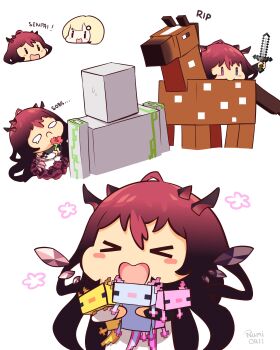 &gt;_&lt; 2girls absurdres animal axolotl axolotl_(minecraft) black_eyes blonde_hair chibi flower hair_ornament highres holding holding_animal holding_flower holding_sword holding_weapon hololive hololive_english horns horse horse_(minecraft) iron_golem_(minecraft) irys_(hololive) minecraft minecraft_sword multiple_girls namiorii open_mouth purple_hair purple_skirt skirt smile sword virtual_youtuber watson_amelia weapon white_background