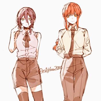 Rule 34 | 2girls, arms behind back, bare arms, bare shoulders, black choker, black necktie, black pants, black ribbon, black shorts, black thighhighs, braid, chainsaw man, choker, collared shirt, commentary request, cowboy shot, er1ji6ou2004, green eyes, hair between eyes, light smile, long hair, looking at another, makima (chainsaw man), medium hair, multiple girls, neck ribbon, necktie, orange eyes, pants, purple hair, red hair, reze (chainsaw man), ribbon, ringed eyes, shirt, shorts, sidelocks, single braid, sleeveless, sleeveless shirt, sweat, sweatdrop, thighhighs, twitter username, updo, white background, white shirt