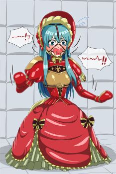 ! !! !? 1girl adult_baby aqua_hair ball_gown bdsm blush bondage_mittens bonnet bow breasts chin_strap corset double-parted_bangs dress dress_bow eirika_(fire_emblem) fire fire_emblem full_body furrowed_brow gag gag_harness gagged high_collar humiliation indoors long_dress long_hair looking_down motion_lines narrow_waist nintendo noiharu_(neuhal) pacifier padded_room padded_walls puffy_sleeves red_bonnet red_corset red_dress shiny_clothes sidelocks solo speech_bubble struggling tearing_up wide-eyed