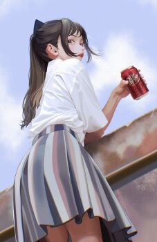 1girl black_hair blush brown_eyes can dr_pepper highres kingrun long_hair looking_at_viewer original parted_lips ponytail shirt skirt sky solo white_shirt