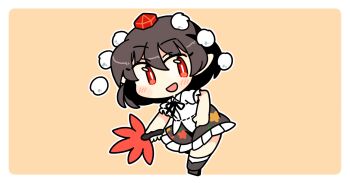 1girl :d black_shoes black_skirt blush border bright_pupils brown_hair chibi chibi_only collared_shirt commentary frilled_skirt frills full_body hair_between_eyes hat hauchiwa ini_(inunabe00) open_mouth orange_background outline outside_border pom_pom_(clothes) red_eyes shameimaru_aya shirt shoes short_hair short_sleeves simple_background skirt smile socks solo standing tokin_hat touhou untucked_shirt white_border white_outline white_pupils white_shirt white_socks