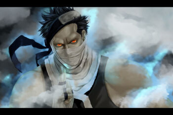 Rule 34 | 1boy, bandages, black hair, fingerless gloves, forehead protector, gloves, glowing, glowing eyes, gradient background, looking at viewer, male focus, momochi zabuza, naruto (classic), naruto (series), orange eyes, short hair, solo, tera (no reason)