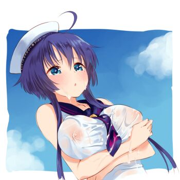 Rule 34 | 1girl, :o, ahoge, blue eyes, blue neckerchief, blue sailor collar, blush, breasts, commentary request, covered erect nipples, day, furrowed brow, hair between eyes, hat, large breasts, mole, mole under eye, neckerchief, parted lips, sailor collar, sailor hat, see-through clothes, setouchi chie, shirt, short hair, short hair with long locks, solo, takano natsuki, toji no miko, wet, wet clothes, wet shirt, white hat, white shirt