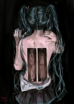 1girl aqua_hair back battery_removed body_horror doeun_o_o green_hair hand_on_own_neck hand_on_own_shoulder hatsune_miku highres horror_(theme) long_hair messy_hair nape pleated_skirt shirt shoulder_blades skirt topless_female twintails unworn_shirt very_long_hair vocaloid
