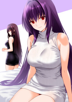 2girls bare_shoulders black_sweater blush breasts dress engo_(aquawatery) fate/grand_order fate_(series) hair_between_eyes highres large_breasts long_hair looking_at_viewer looking_back multiple_girls purple_hair red_eyes ribbed_sweater scathach_(fate) scathach_skadi_(fate) sitting sleeveless sleeveless_sweater smile sweater sweater_dress thighs turtleneck turtleneck_sweater white_sweater