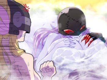 Rule 34 | 2girls, absurdres, angel, angewomon, ass, bath, blonde hair, breast envy, breasts, cleavage, colored skin, demon, demon girl, digimon, digimon adventure, dimples of venus, female focus, grey skin, highres, huge breasts, ladydevimon, large breasts, looking at another, multiple girls, nude, onsen, red eyes, towel, twintails, wet