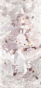 1girl absurdres animal_ears arm_bow bare_shoulders beads black_bow black_bowtie black_ribbon black_shoes blonde_hair bow bow_button bow_legwear bowtie braid breasts bug butterfly center_frills chess_piece chinese_commentary closed_mouth clothes_writing club_(shape) commentary_request cross-laced_clothes cross-laced_dress crown_braid dress dress_bow expressionless eyelashes floppy_ears food-themed_hair_ornament frilled_dress frills full_body hair_beads hair_bow hair_ornament hand_in_own_hair heart heart_print highres insect knees leaf light_blush light_frown light_particles lolita_fashion long_hair looking_at_viewer mary_janes multiple_hair_bows musical_note musical_note_print nai_bu_shang_a nail_polish neck_ribbon neckerchief original rabbit_ears ribbon sample_watermark scrunchie shoes simple_background sleeveless sleeveless_dress small_breasts socks solo spade_(shape) strawberry_hair_ornament tiara too_many_watermarks very_long_hair watermark wavy_hair weibo_watermark white_background white_bow white_dress white_scrunchie white_socks white_tiara wrist_bow wrist_scrunchie x_hair_ornament yellow_eyes yellow_neckerchief zoom_layer